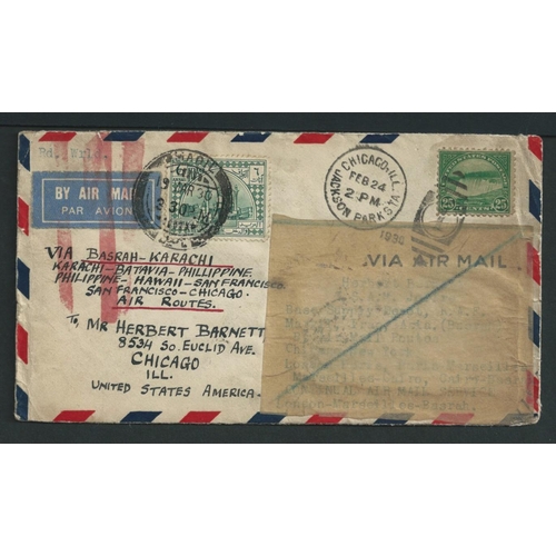 10 - 1930 Cover flown around the world, posted from Chicago to Iraq franked 25c then reposted from Magil ... 