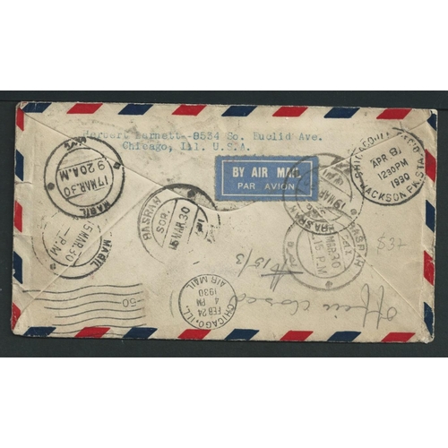 10 - 1930 Cover flown around the world, posted from Chicago to Iraq franked 25c then reposted from Magil ... 