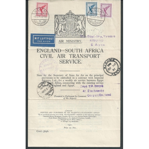 123 - 1931 (March) Imperial Airways first London to East Africa service, printed Air Ministry agreement fo... 