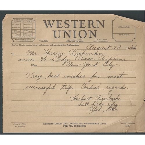 65 - Dick Merrill. 1936 (Aug 21-28) Telegrams sent to Merrill in the USA concerning his forthcoming fligh... 