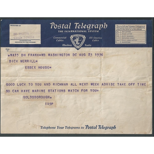 65 - Dick Merrill. 1936 (Aug 21-28) Telegrams sent to Merrill in the USA concerning his forthcoming fligh... 