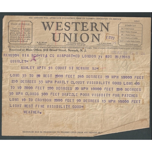 65 - Dick Merrill. 1936 (Aug 21-28) Telegrams sent to Merrill in the USA concerning his forthcoming fligh... 