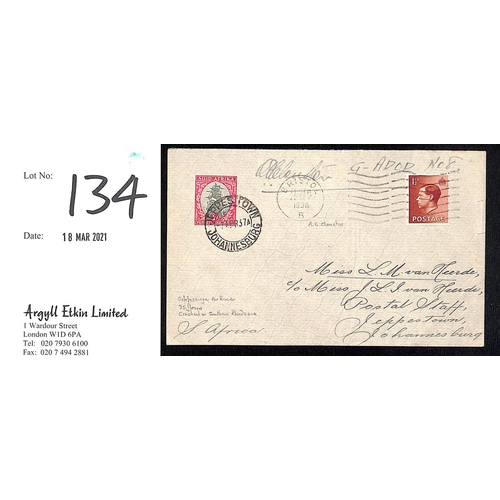 134 - South Africa / G.B - Schlesinger Air Race. 1936 (Sep 22) Cover franked 1½d cancelled at Bristol... 