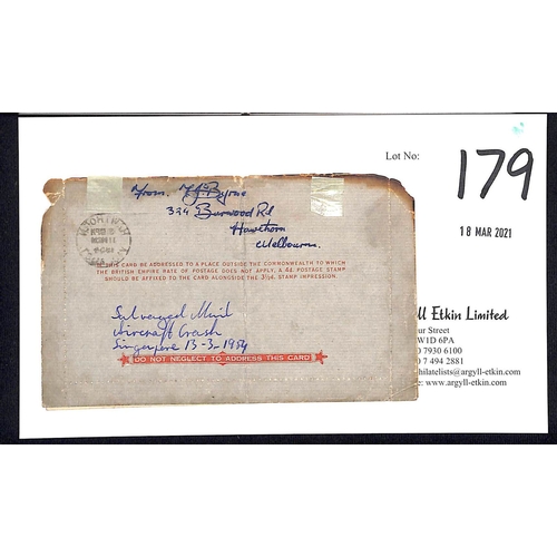 179 - Ireland / Singapore / Australia. 1954 (Mar 11) Australia 3½d lettercard uprated 2½d + 1/6,... 