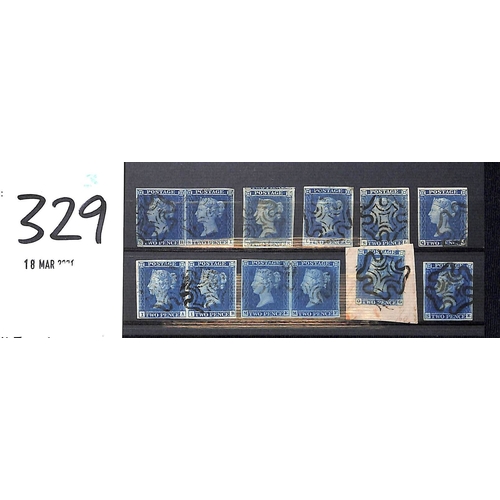 329 - 1841 2d Blues, plate 3 singles (6) and pairs (3) all superb with full margins and black Maltese Cros... 