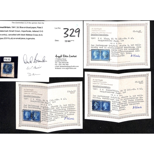 329 - 1841 2d Blues, plate 3 singles (6) and pairs (3) all superb with full margins and black Maltese Cros... 