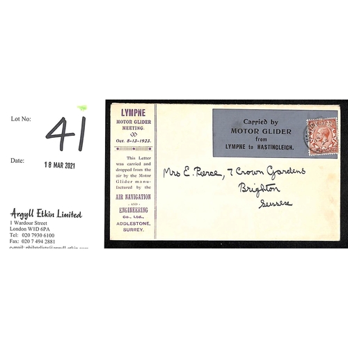 41 - 1923 (Oct 13) Lympne Motor Glider Meeting envelope to Sussex with blue 