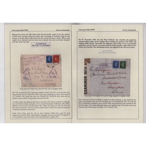 657 - Service Suspended. 1941 Covers to China (2, one from F.P.O 381) or Manchuria handstamped 