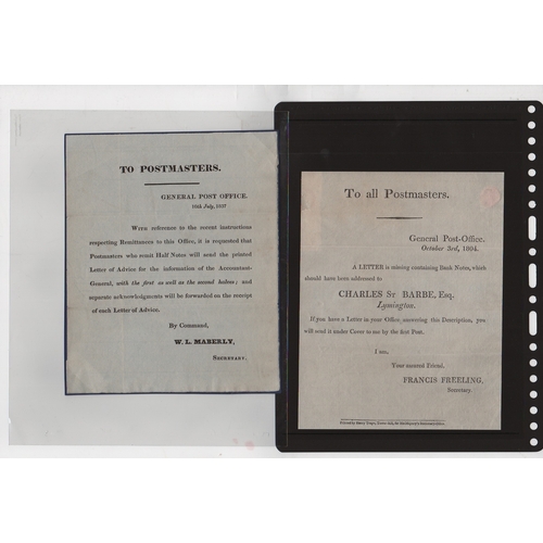 753 - 1740-1837 Letters and Post Office Notices concerning the transmission of banknotes by post, includin... 