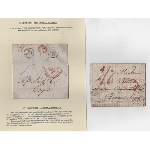 793 - 1826-36 Entire letters to Argentina, France (2), Portugal (2) or Madeira, all prepaid, with red oval... 