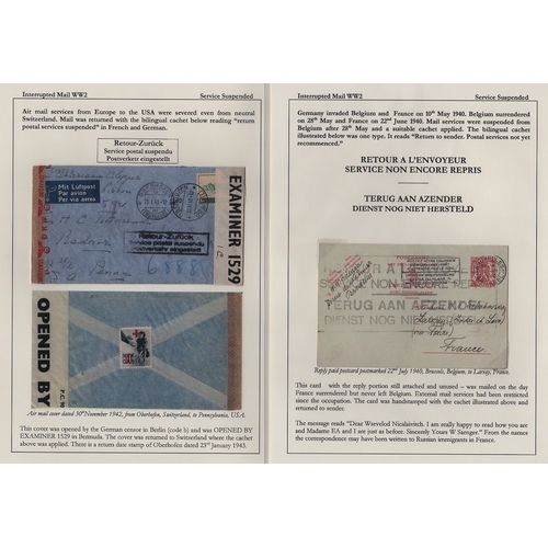 882 - Service Suspended - Belgium/Switzerland. 1940-44 Covers from Belgium (6) or Switzerland (6) all retu... 