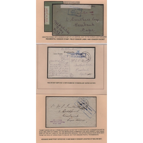 1328 - 1915 Stampless covers (2) and postcards (4) to South Africa with dumb type Base P.O datestamps, numb... 