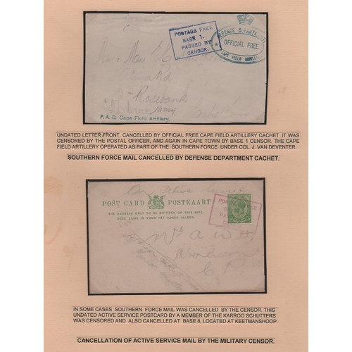 1328 - 1915 Stampless covers (2) and postcards (4) to South Africa with dumb type Base P.O datestamps, numb... 