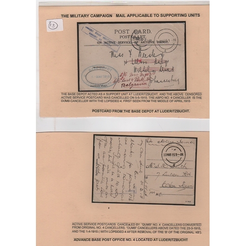 1328 - 1915 Stampless covers (2) and postcards (4) to South Africa with dumb type Base P.O datestamps, numb... 