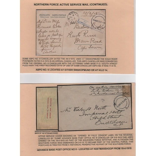 1328 - 1915 Stampless covers (2) and postcards (4) to South Africa with dumb type Base P.O datestamps, numb... 