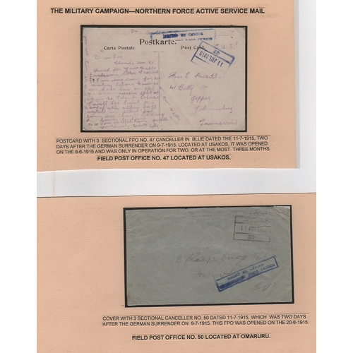 1330 - 1915 Stampless O.A.S Postcards (9) and covers (3) to South Africa all with boxed type F.P.O datestam... 