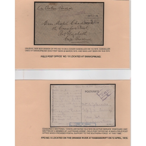 1330 - 1915 Stampless O.A.S Postcards (9) and covers (3) to South Africa all with boxed type F.P.O datestam... 