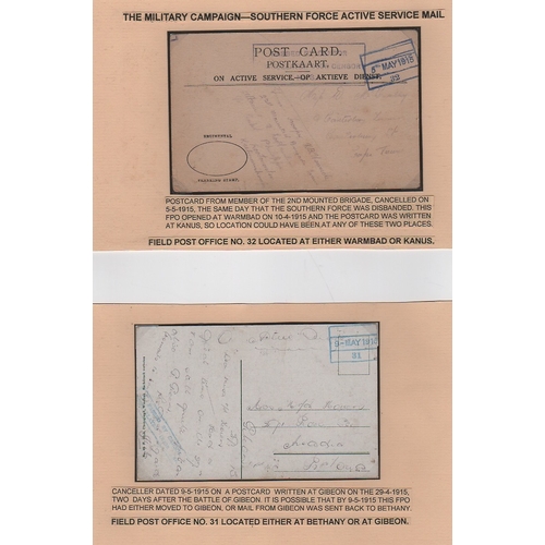 1330 - 1915 Stampless O.A.S Postcards (9) and covers (3) to South Africa all with boxed type F.P.O datestam... 