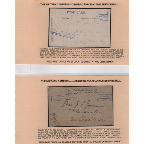 1330 - 1915 Stampless O.A.S Postcards (9) and covers (3) to South Africa all with boxed type F.P.O datestam... 