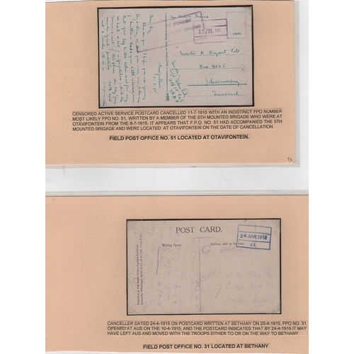 1331 - 1915 Stampless O.A.S postcards to South Africa with violet boxed F.P.O datestamps comprising numbers... 