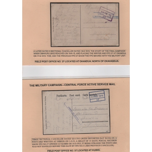 1331 - 1915 Stampless O.A.S postcards to South Africa with violet boxed F.P.O datestamps comprising numbers... 