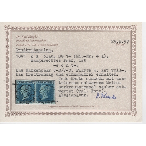 330 - 1841 2d Blue plate 3, JB-JC pair with large margins, each with a neat black Maltese Cross cancel, ve... 