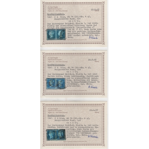 331 - 1841 2d Blue, plates 3 and 4, pairs (5, three with Karl Knopfe Certificates) and a strip of seven (H... 