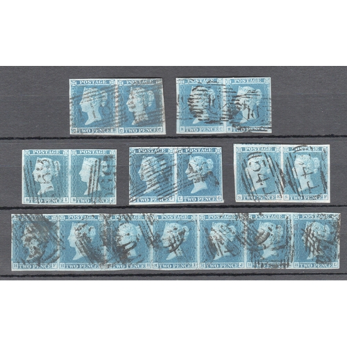 331 - 1841 2d Blue, plates 3 and 4, pairs (5, three with Karl Knopfe Certificates) and a strip of seven (H... 