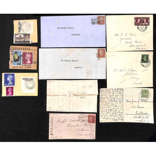 823 - Shetlands. 1827-1972 Covers, postcards and parcel tags including 1851 