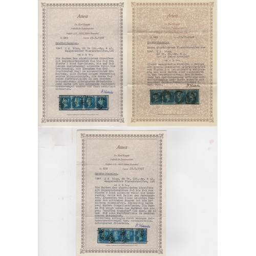 334 - 1841 2d Blues, plate 3 strips of four all with four margins, PD-PG and CA-CD with Maltese Cross canc... 