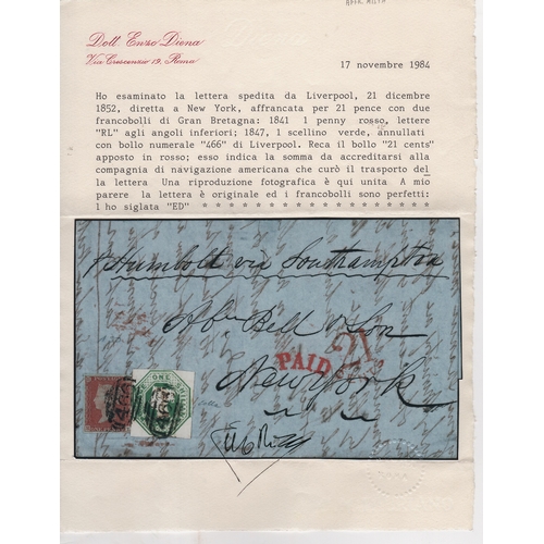 354 - 1852 (Dec 21) Entire letter from Liverpool to New York franked 1d red-brown (paying 1d late fee) + e... 