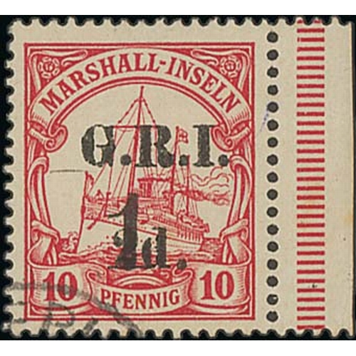 1248 - 1914-15 G.R.I Surcharges on Marshall Islands stamps, the used selection comprising 1d on 3pf, 1d on ... 