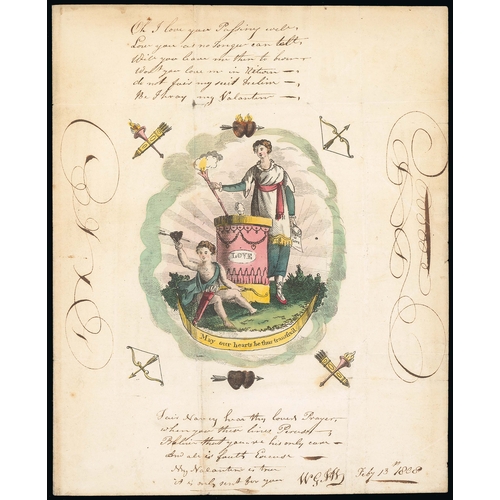 774 - 1808 Valentine letter sheet with a printed cupid and figure holding the 