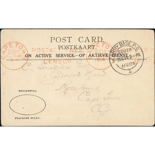 1336 - 1914 (Dec 9) Stampless printed O.A.S postcard from Luderitzbucht to Cape Town with Army Base P.O 4 c... 