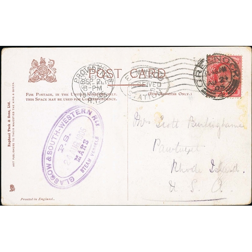 636 - Mars. 1905 (Aug 24) Picture postcard to the USA franked 1d, cancelled at Greenock, with violet oval ... 