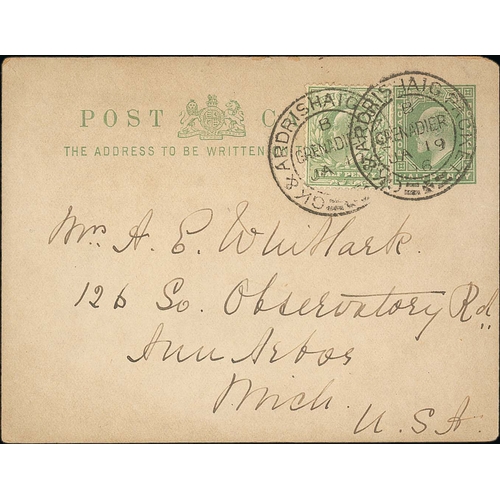 646 - Grenadier. 1906 KEVII ½d Postcard uprated ½d to USA cancelled by two strikes of wide type ... 