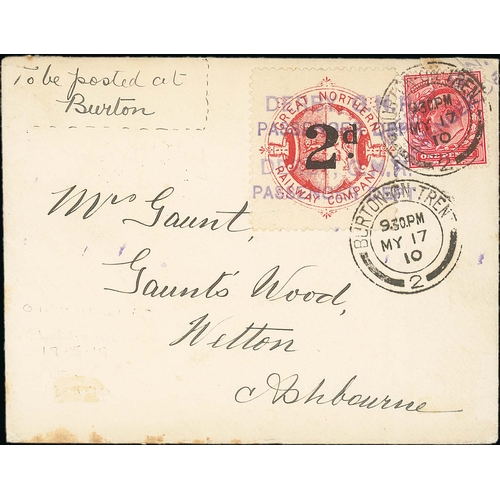 717 - Great Northern Railway. 1910 Cover to Ashbourne bearing KEVII 1d and distinctive 2d red letter stamp... 