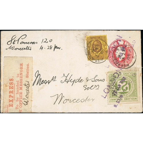 726 - Midland Railway. 1908 1d Envelope uprated with KEVII 3d and bearing a 2d letter stamp and red 