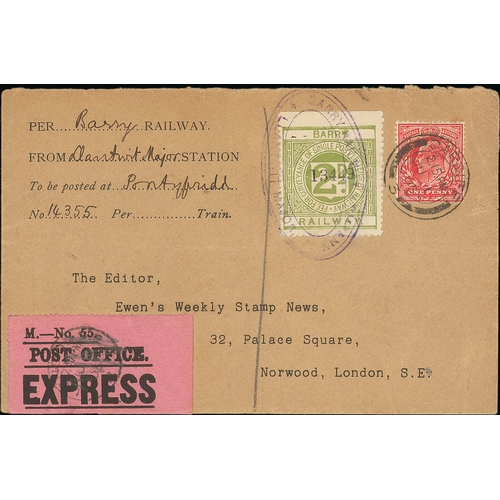 734 - Barry Railway. 1905 Express cover to Ewen's Stamp News, 2d letter stamp cancelled violet oval 