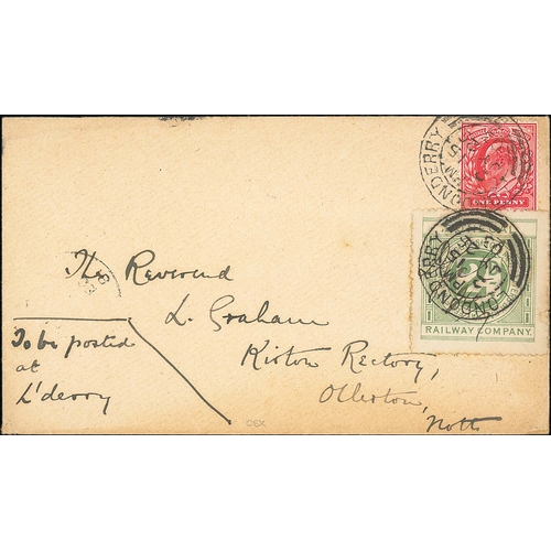 747 - Donegal Railway Company. 1903 Cover hand addressed to Rev Graham in Nottinghamshire, bearing a 2d le... 