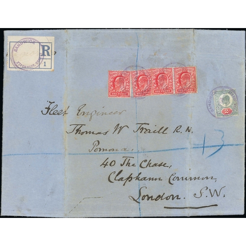 757 - 1907 (Feb 18) Registered wrapper from a small packet to London bearing KEVII 1d (4) and 2d cancelled... 