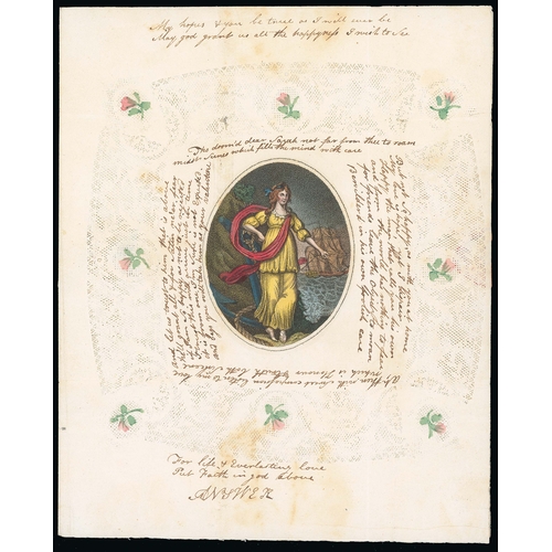 772 - 1801 Valentine lettersheet with a central printed picture of a lady, anchor and ship, hand coloured,... 