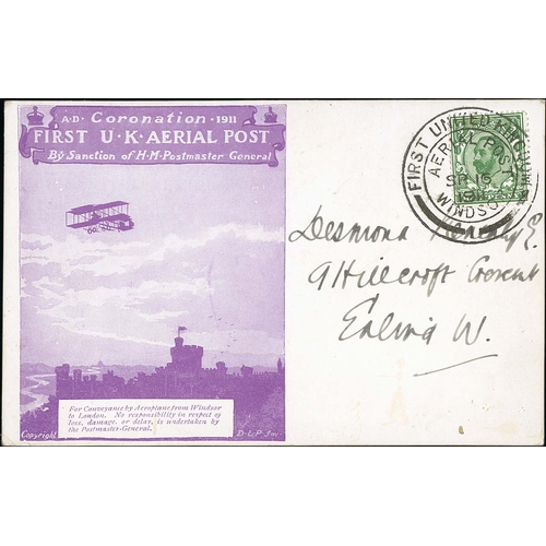 35 - 1911 (Sep 16) Windsor to London violet privilege mail postcard, KGV ½d tied by the Windsor Aeri... 