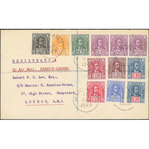 120 - Sarawak. 1929 (Aug 17) Registered cover from Kuching to London franked by twelve 1928-29 issue stamp... 