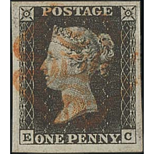 222 - 1840 1d Blacks, plate 1b EB and EC both with four margins, used with red Maltese Crosses, EC superb ... 