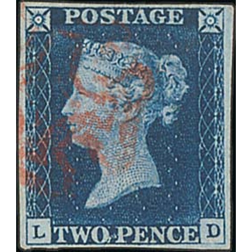 261 - 1840 2d, Violet blue shade, LD plate 1, four clear margins, fine used with a Maltese Cross in a ruby... 