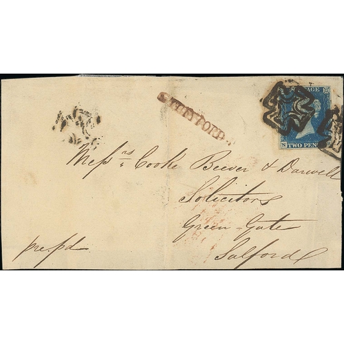 262 - c.1841 Front to Salford bearing 1840 2d blue, NB plate 1, good margins, tied by two strikes of the d... 