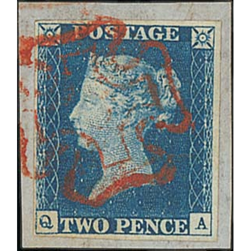 264 - 1840 2d Blue, QA plate 1, a fine bright shade with good margins tied to small piece by a vermilion M... 