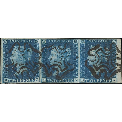 271 - 1840 2d Deep blue, BJ-BL plate 2 strip of three, clear margins on all sides, tiny fault in lower lef... 