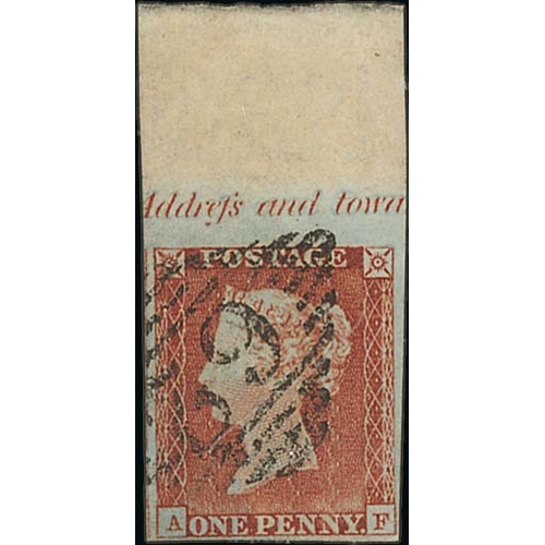 296 - 1841 1d Red-brown plate 52, worn plate, AF with upper sheet margin showing part inscription, full ma... 